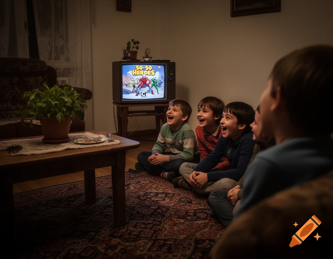 Five children enthusiastically watch a superhero cartoon called "50-50 HEROES" on an old television in a dimly lit living room.