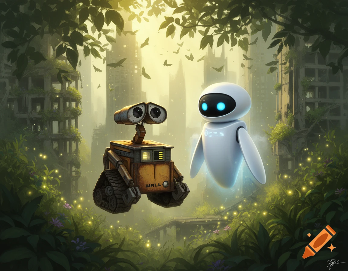 Wall-E and EVE stand in a lush, overgrown, post-apocalyptic city with butterflies and glowing flora.