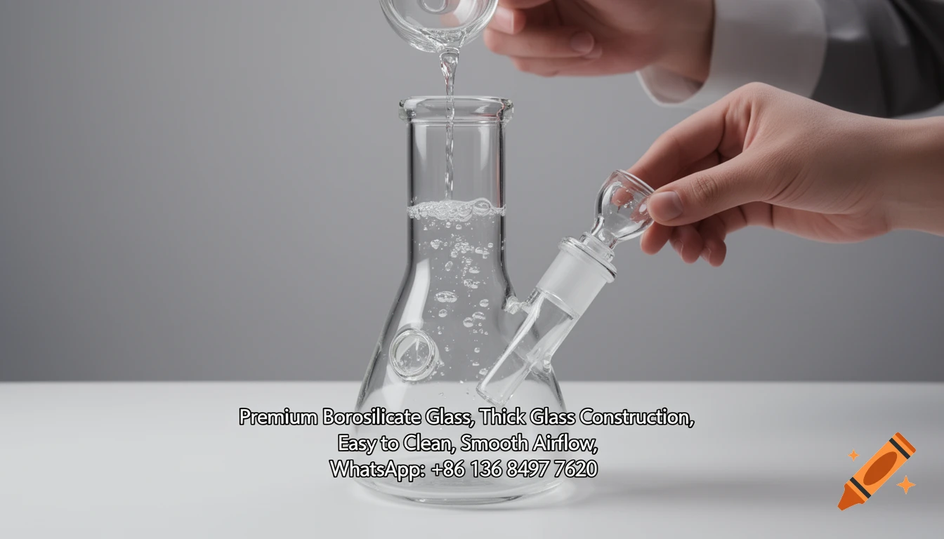 Close-up of a glass beaker water pipe on a white table, with water being poured into it and a hand holding the bowl, featuring product text overlay.