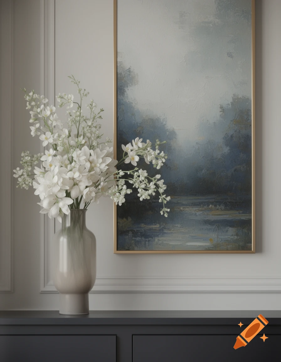 A vase of white flowers sits on a dark cabinet next to an abstract painting in a modern interior.