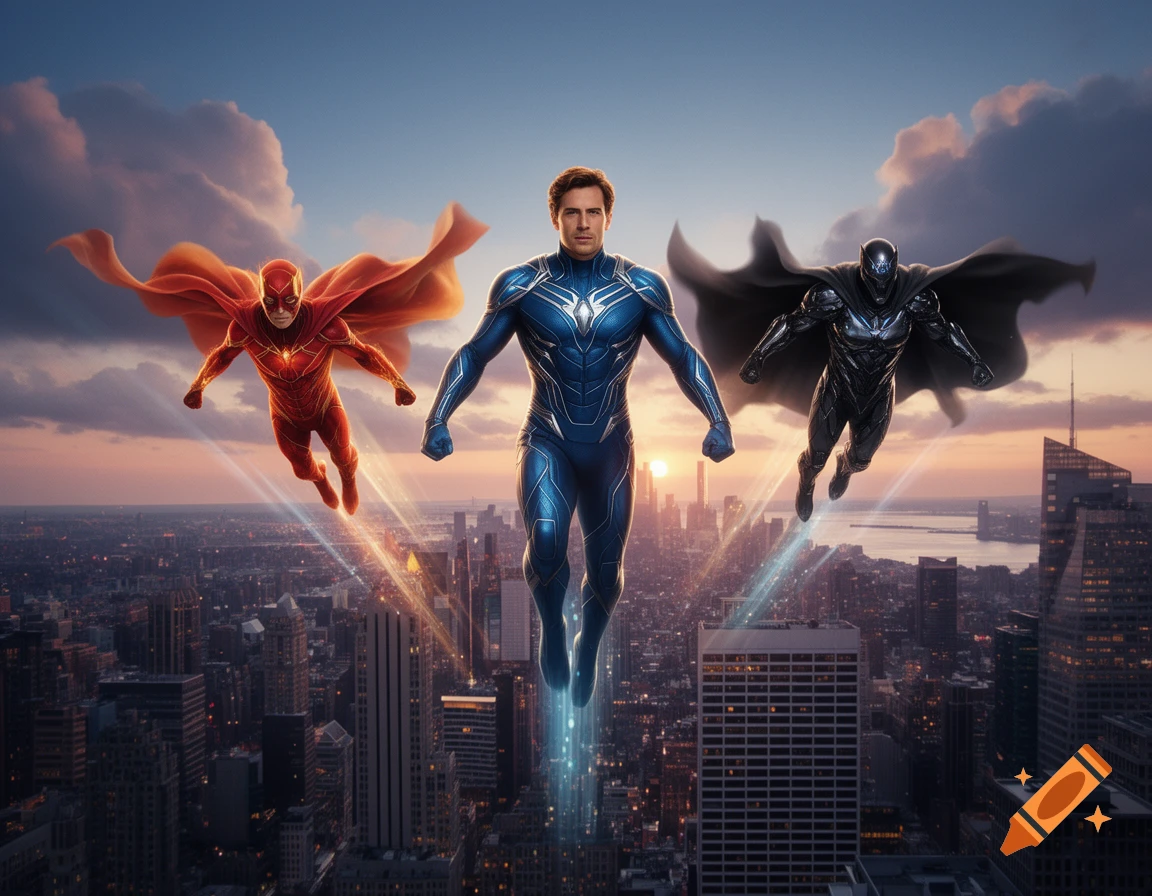 Three superheroes, one in red, one in blue, and one in black, fly high above a sprawling city at sunset.