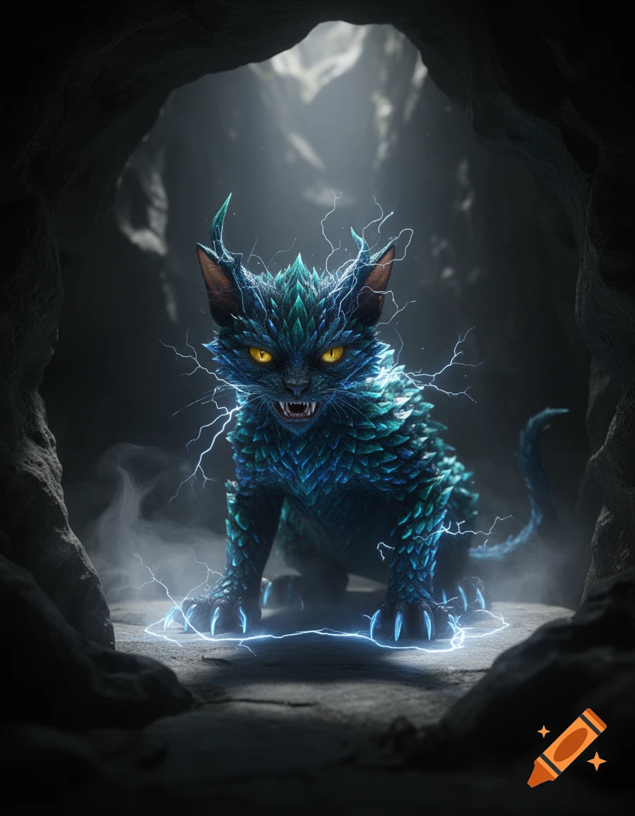 A menacing, scaly blue-green monster cat with glowing yellow eyes, surrounded by lightning in a dark cave.