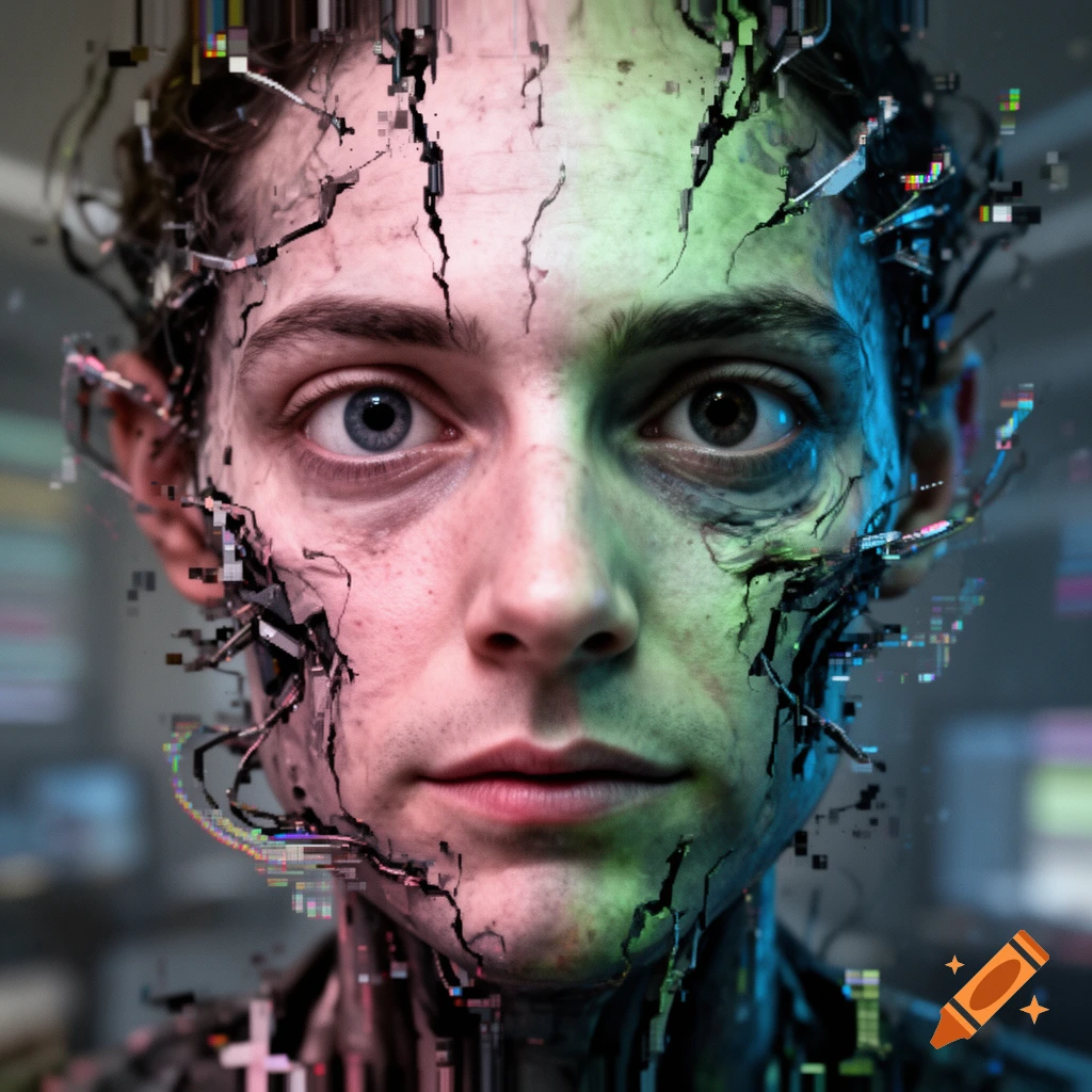 Close-up of a digitally distorted human face with cracks, glitches, and varying green and red lighting.