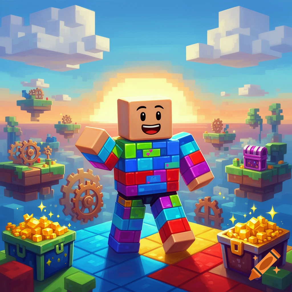 A colorful block-figure character stands in a vibrant pixel art world with floating islands, golden chests, and a pixelated sunset.