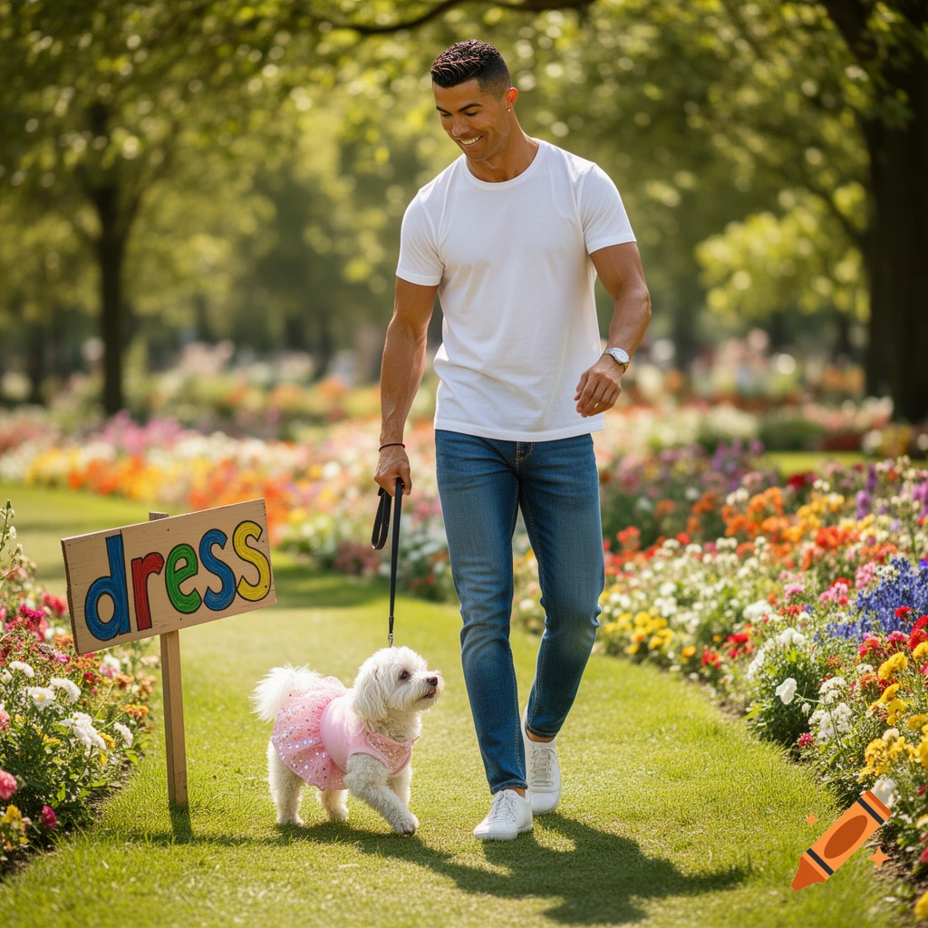 Cristiano Ronaldo walks a small white dog in a pink dress through a vibrant flower garden, past a sign reading 'dress'.