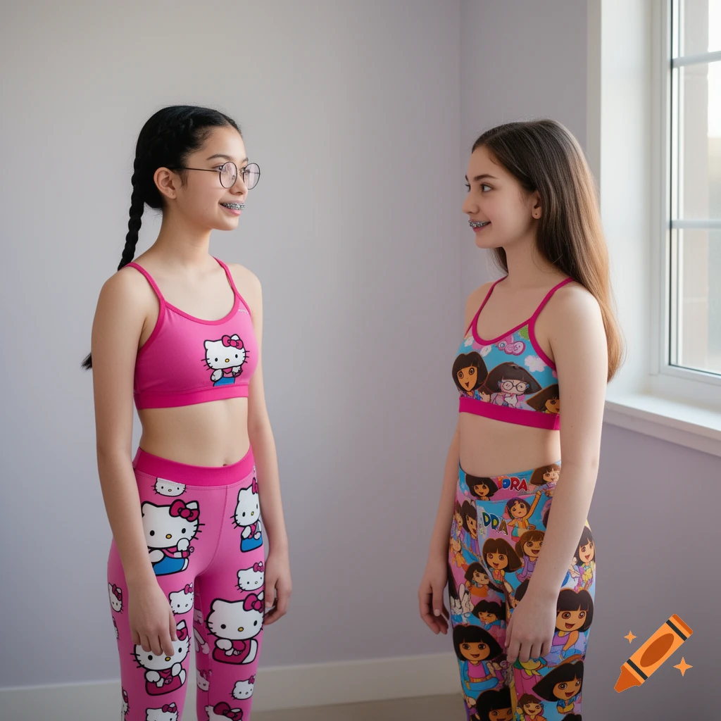 Two girls in sports bras and leggings, one with Hello Kitty motifs and the other with Dora the Explorer motifs, face each other in a room.