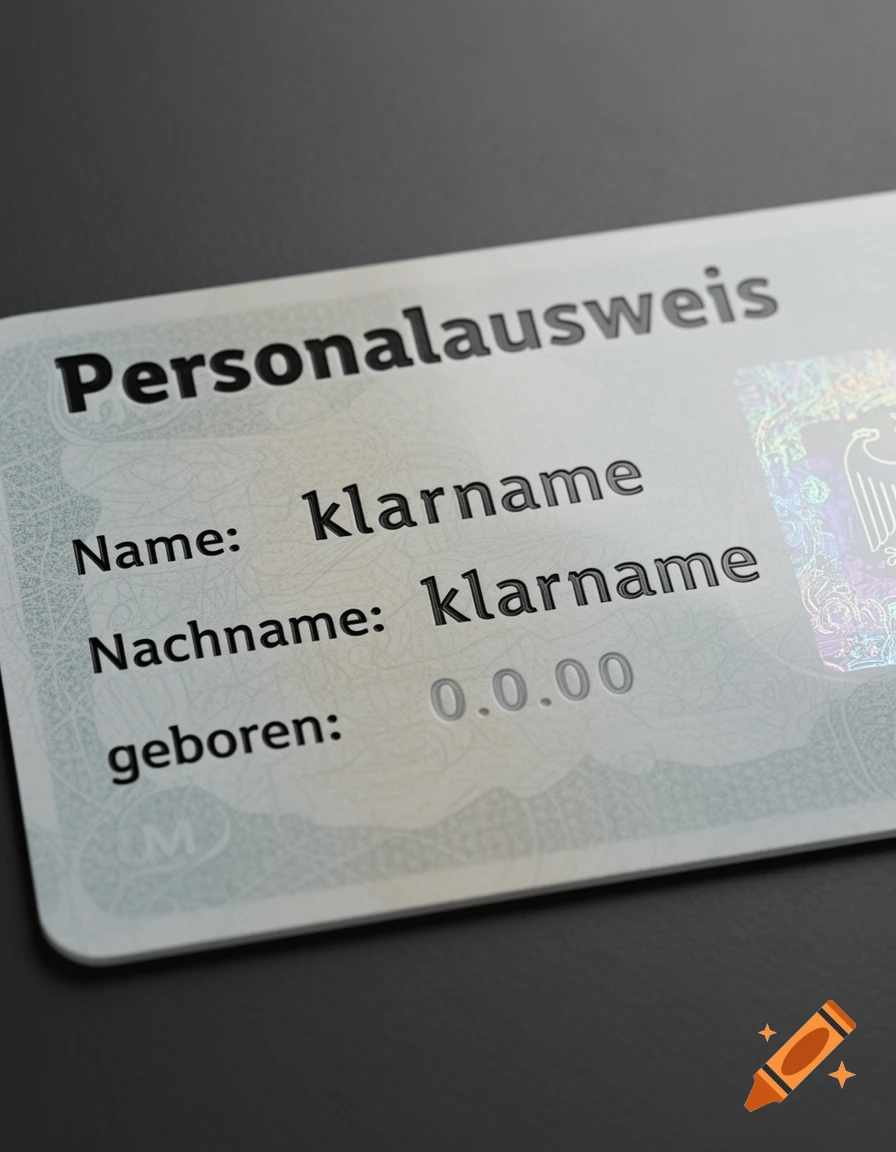 A close-up, angled view of a German identification card (Personalausweis) with fields for name, surname, and birthdate filled with placeholder text 'klarname' and '0.0.00' on a dark surface.