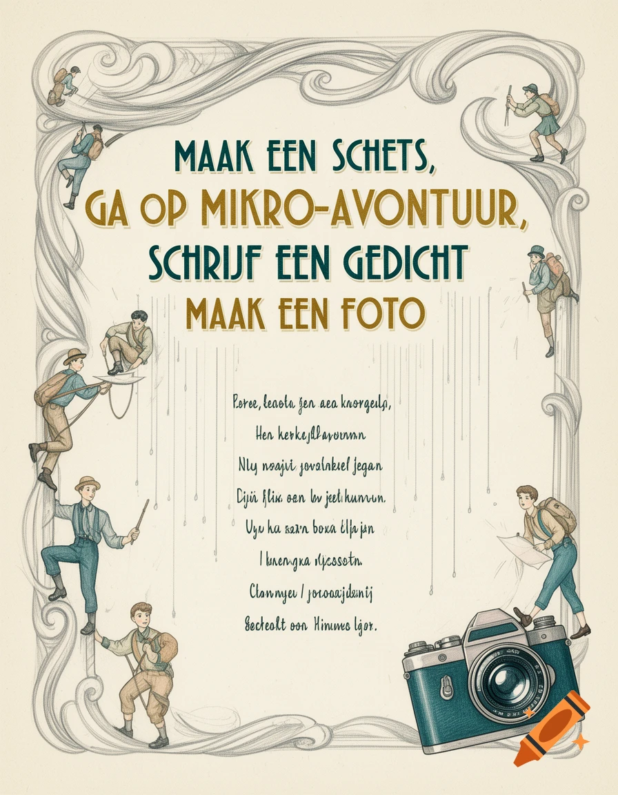 A vintage-style poster with the Dutch text "MAAK EEN SCHETS, GA OP MIKRO-AVONTUUR, SCHRIJF EEN GEDICHT, MAAK EEN FOTO" in decorative font. Small figures of adventurers and an old camera are part of the design.