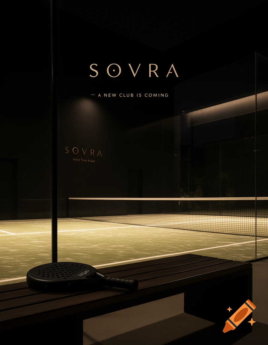 A dark, cinematic view of a luxury padel court at night with warm lights, a black racket on a bench, and a glowing SOVRA logo on the wall.