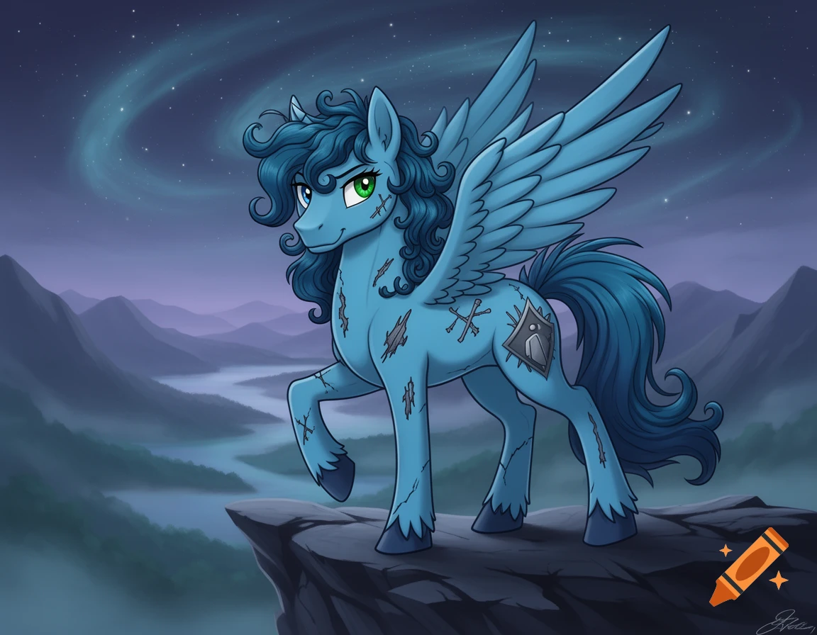 A blue cartoon Pegasus with a curly mane and stitches stands on a cliff overlooking a misty valley under a starry night sky with aurora.