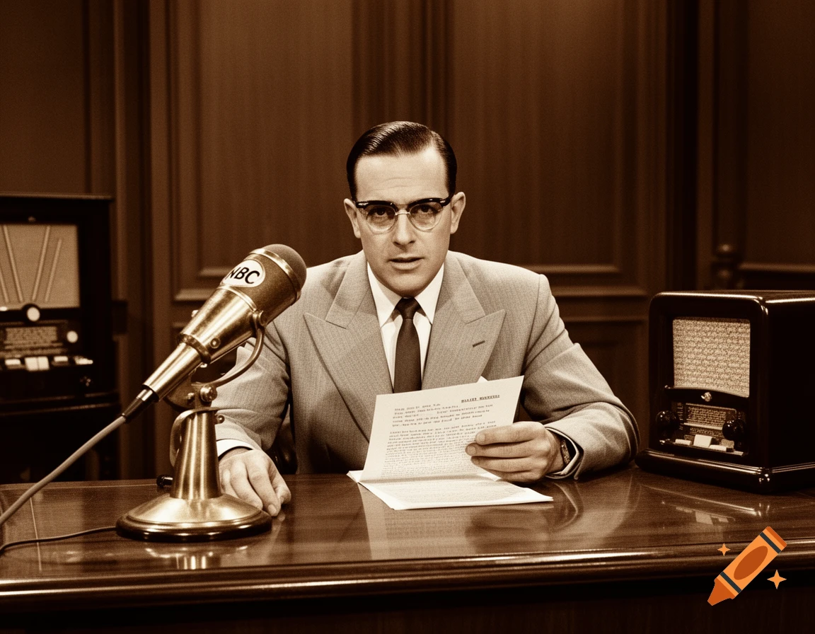 A man in a suit and glasses sits at a wooden desk with a large microphone, holding a document, in a vintage broadcast studio scene.