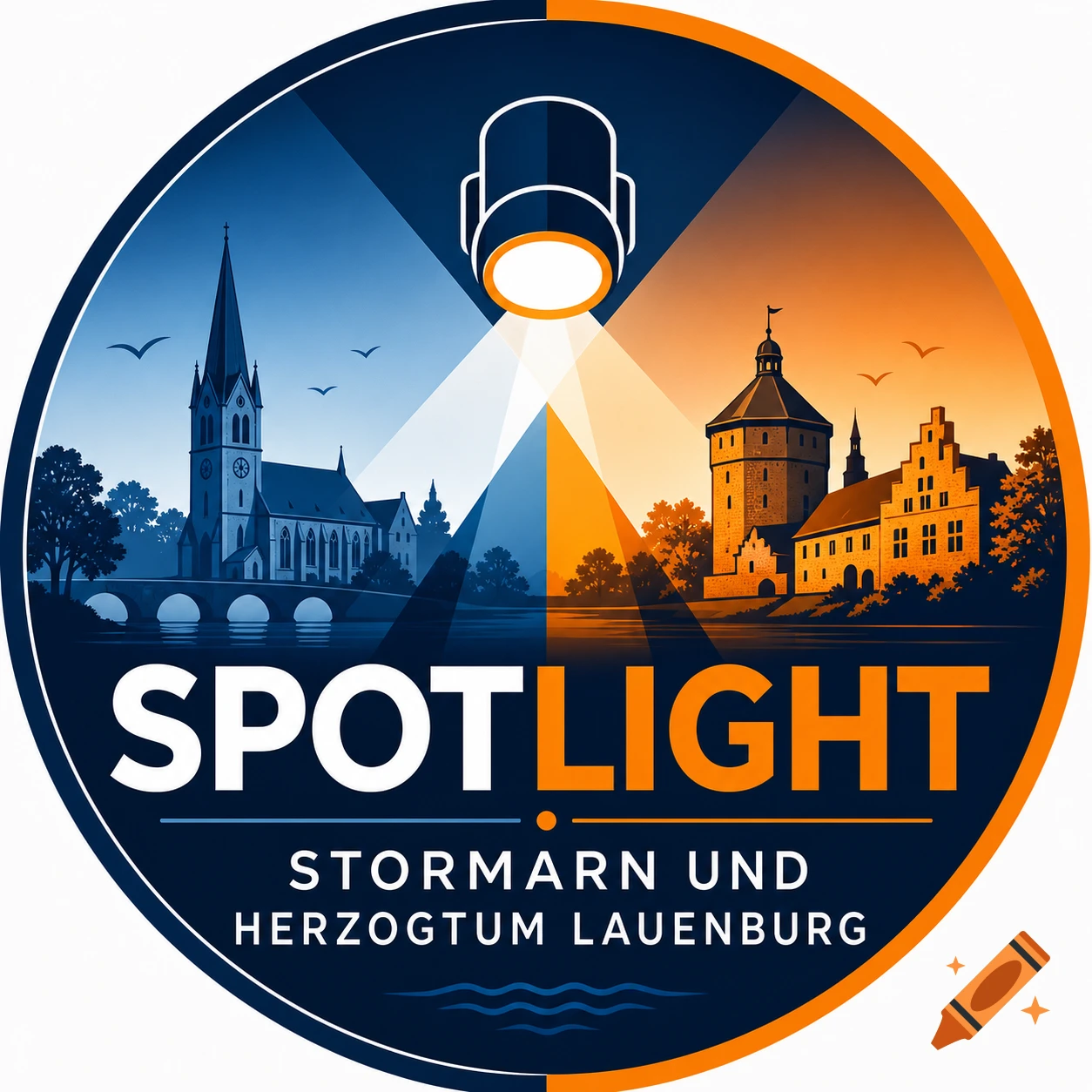 A stylized logo features a spotlight illuminating a church and bridge on one side, and a castle with buildings on the other, across water. Text reads 'SPOTLIGHT STORMARN UND HERZOGTUM LAUENBURG'.