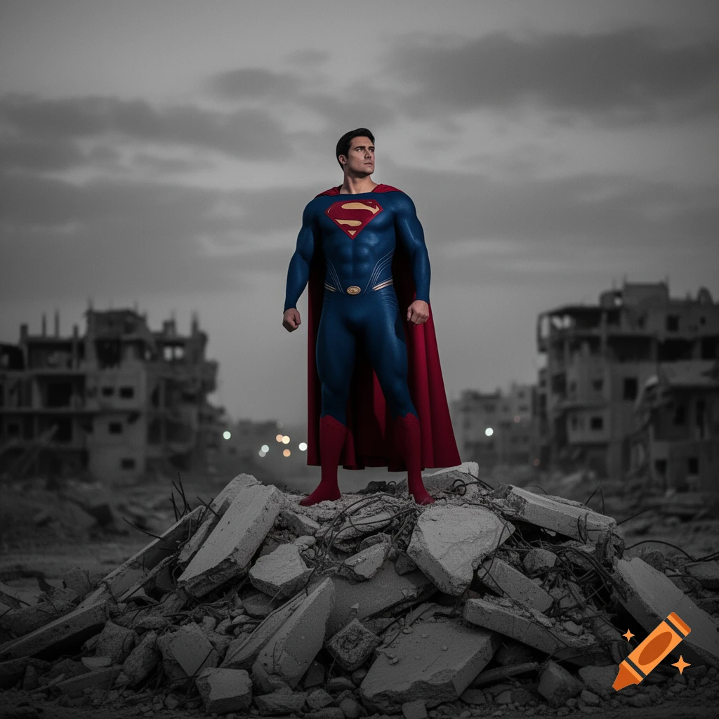 Photorealistic Superman stands heroically on rubble, surveying a desolate city of destroyed buildings under a cloudy sky.