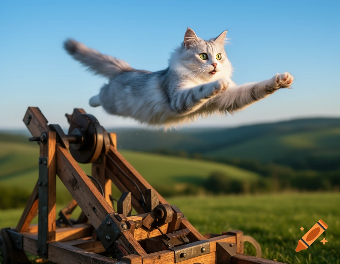 A fluffy gray and white cat with green eyes is suspended mid-air above a wooden catapult in a grassy field under a blue sky.