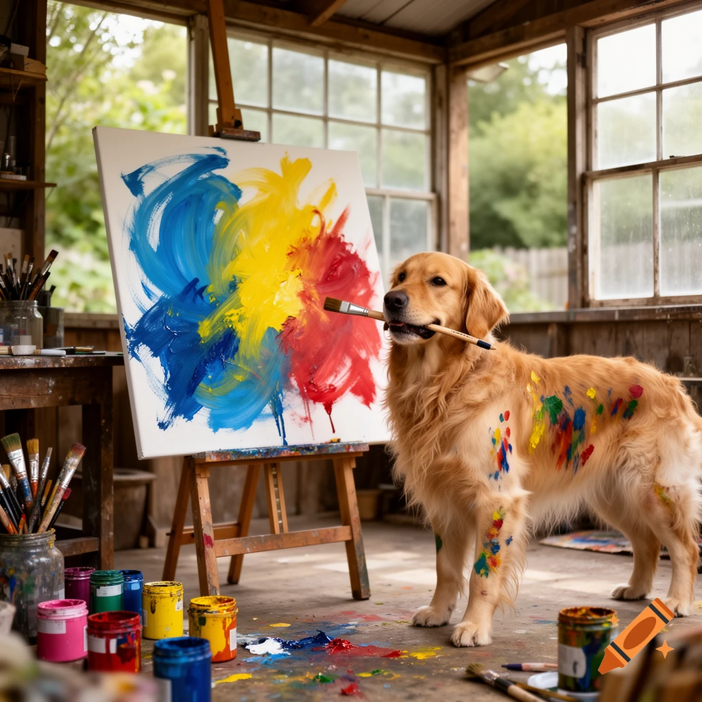 A golden retriever, splattered with paint and holding a brush, stands beside a canvas with abstract paint strokes in an art studio.