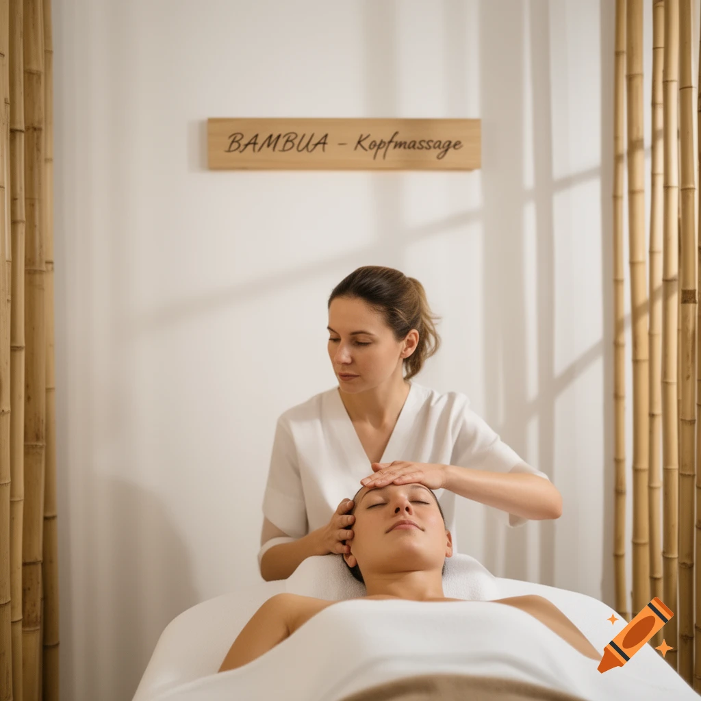 A woman lying on a massage table receives a head massage from a therapist in a tranquil room with bamboo decor.