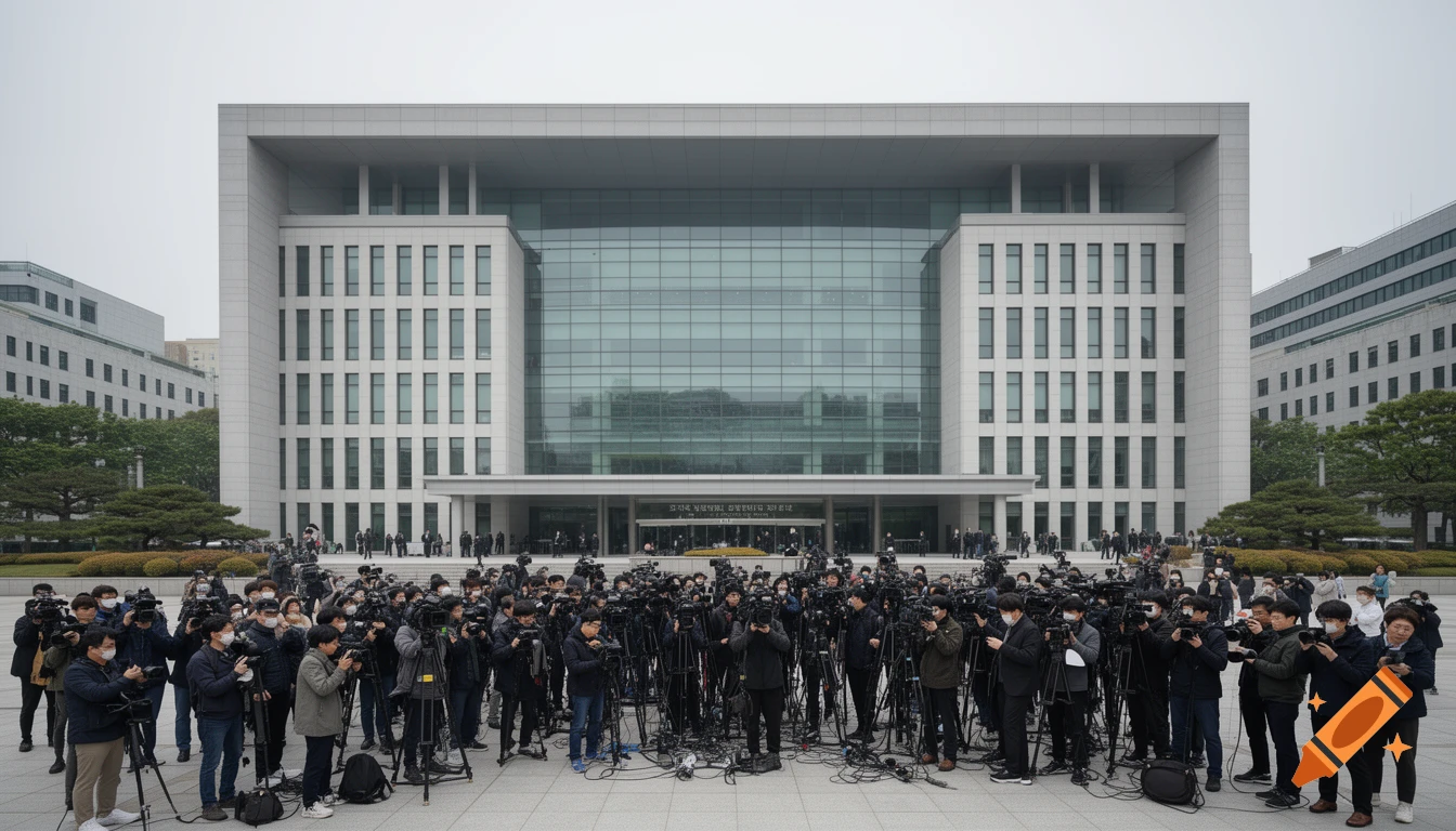 A large group of journalists with cameras and tripods gathers in front of a modern, grey courthouse building under an overcast sky. Photorealistic style.