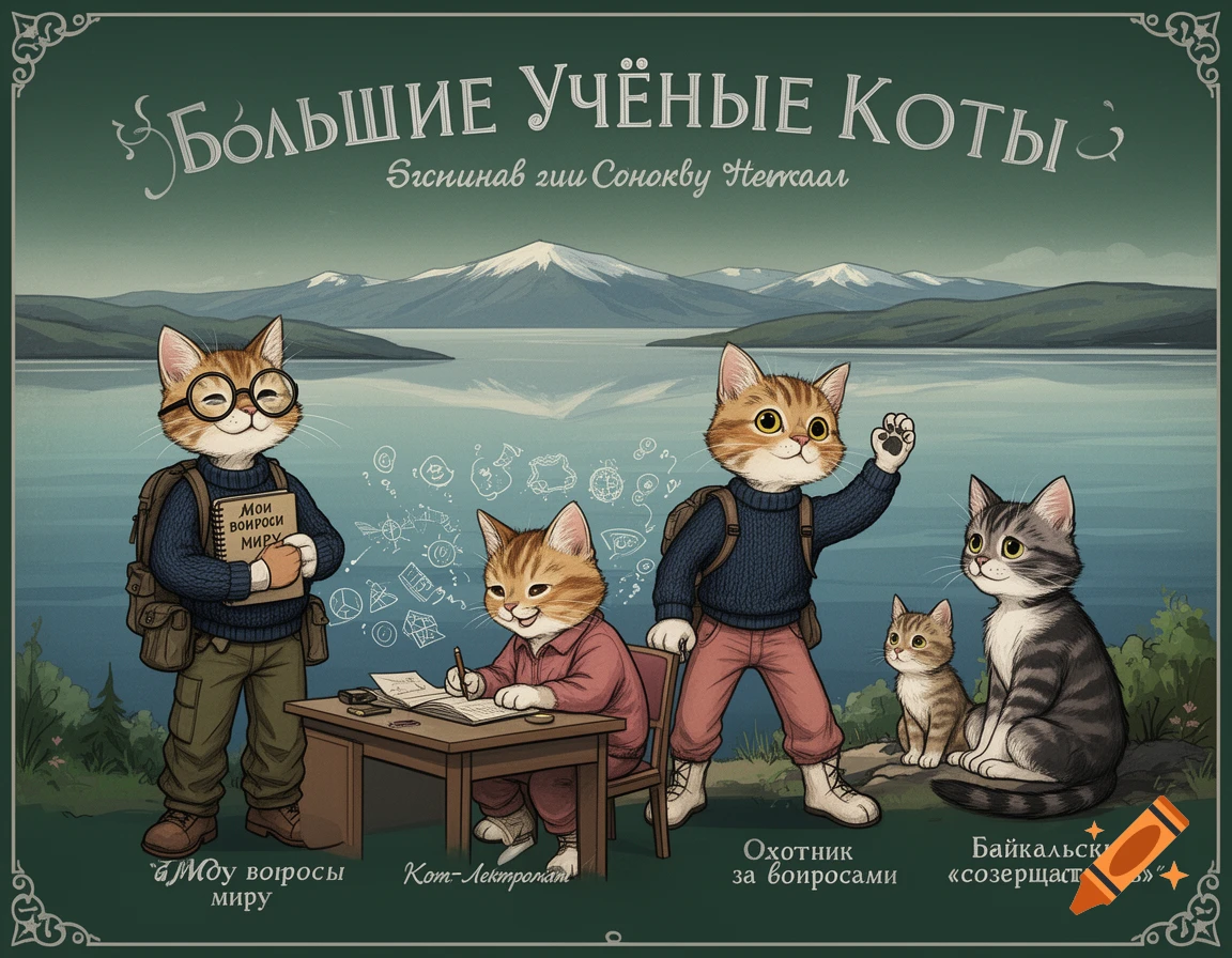 An illustration of five anthropomorphic cats, depicted as scientists and thinkers, by a lake with mountains in the background. The main title reads 'Большие Учёные Коты'.