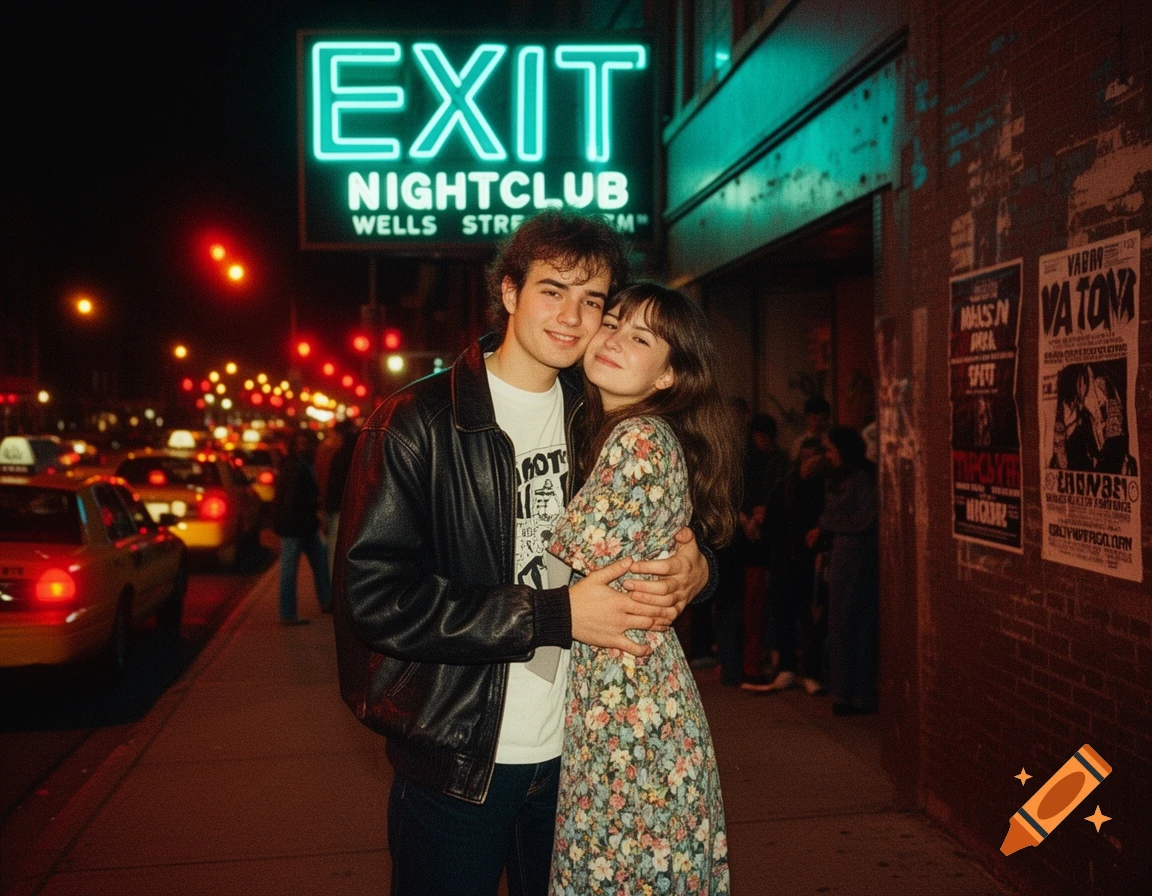 A young couple embraces on a city street at night, illuminated by a glowing green neon "EXIT NIGHTCLUB" sign. Taxis are in the background.