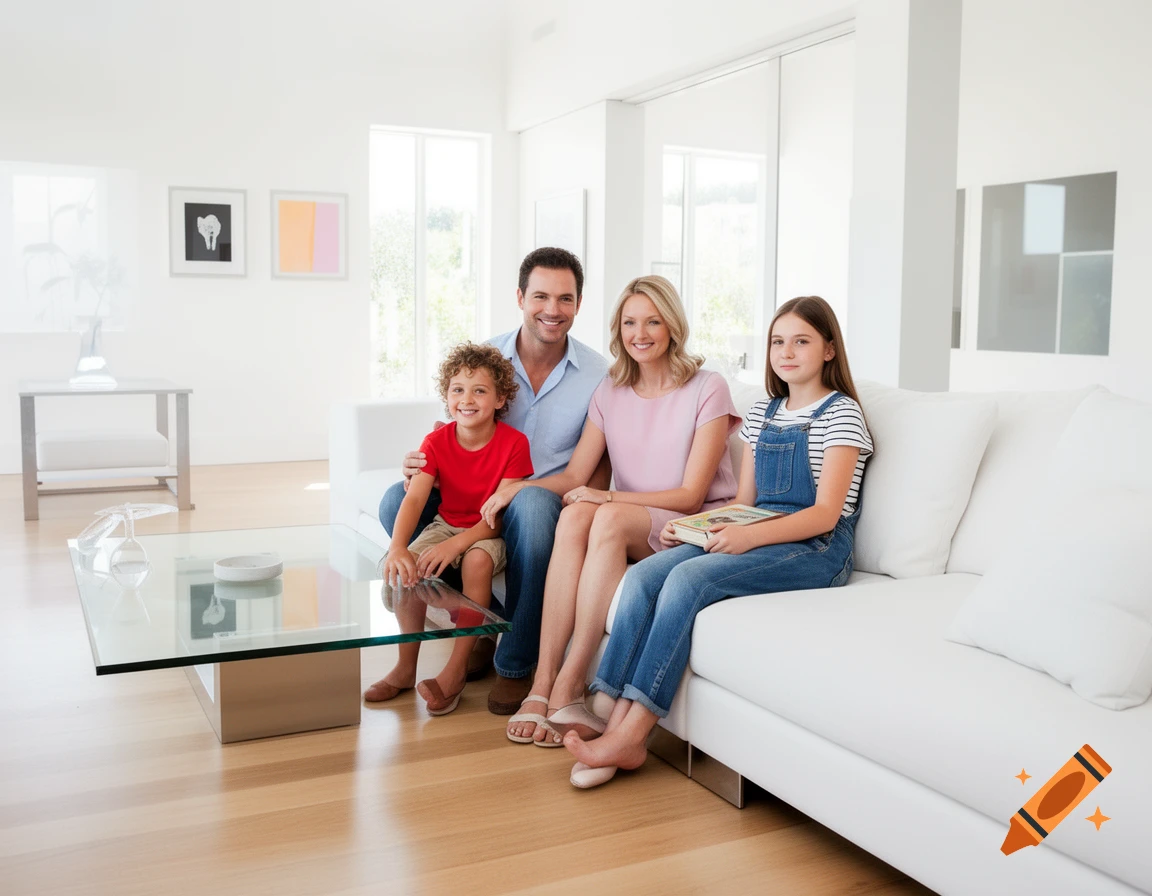 A photorealistic image of a smiling family of four, including a dad, mom, young son, and daughter, sitting on a white sofa in a modern, brightly lit living room.