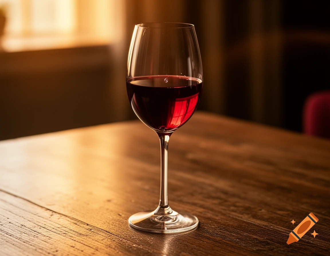 A glass of red wine sits on a wooden table, with warm light in the background.