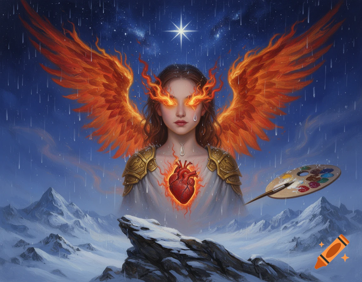 A surreal painting of an angelic woman with fiery wings, glowing eyes, a burning heart, and a tear, over snowy mountains under a rainy, starry sky.