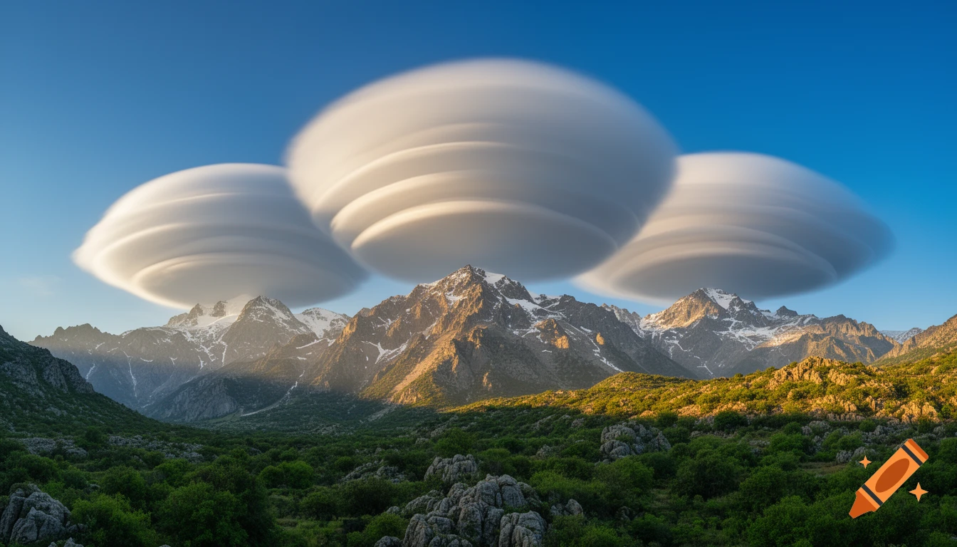 Three massive lenticular clouds shaped like flying saucers hover over snow-capped mountains and a green valley under a clear blue sky, photorealistic.