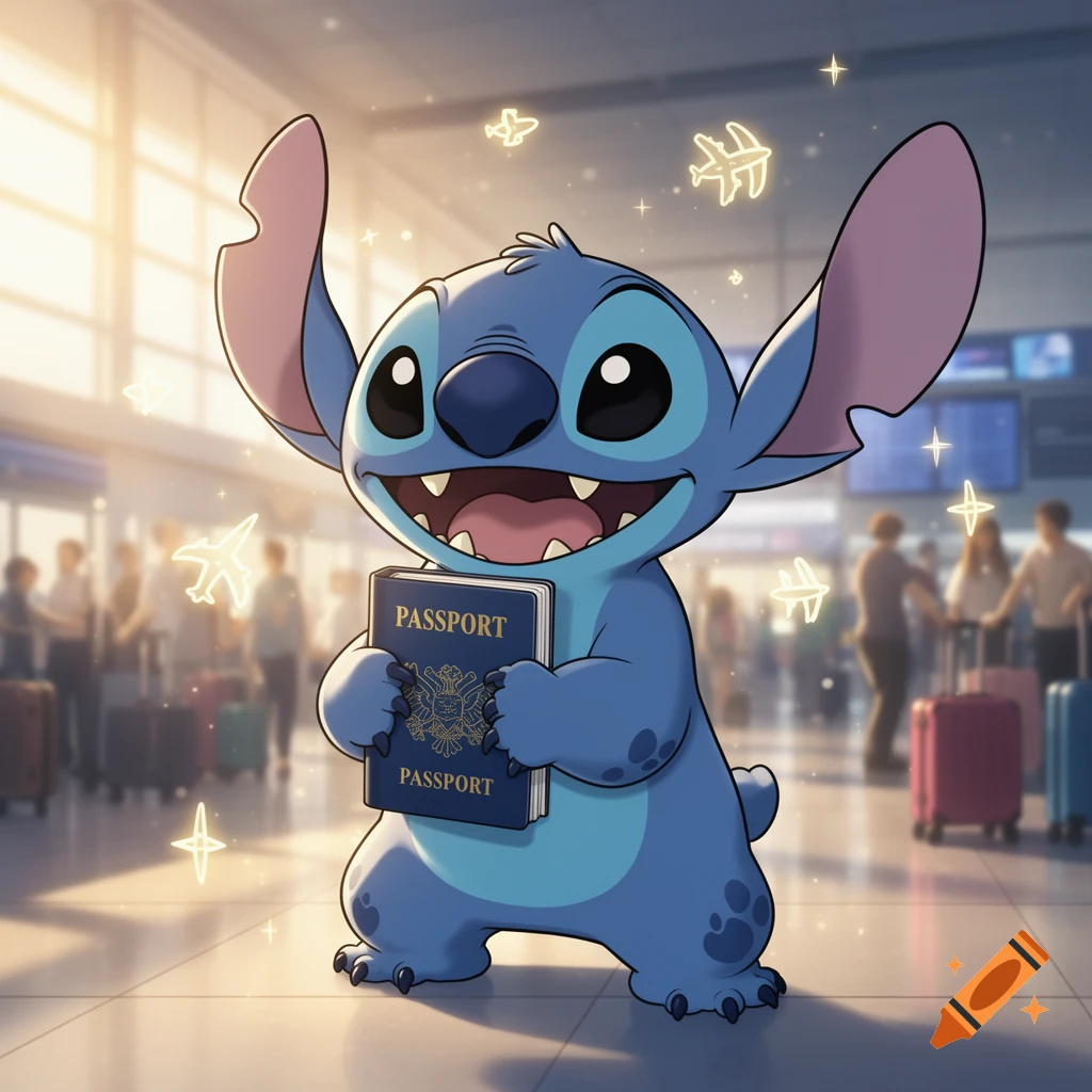 Cartoon Stitch, a blue alien, happily holds a passport in a brightly lit airport terminal.