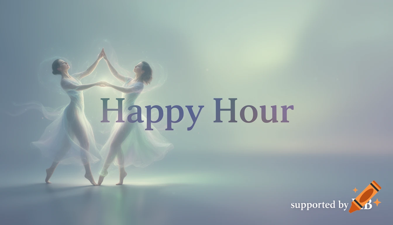 Two ethereal women in glowing, flowing dresses dance in soft light with text "Happy Hour" and "supported by MB".