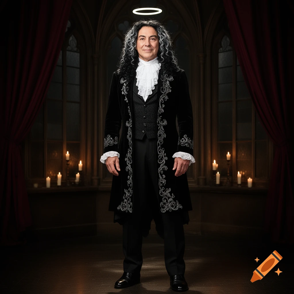 A man with long curly dark hair and a halo wears a black gothic coat with silver embroidery and a white ruffled shirt, standing in a dim, candlelit gothic room.