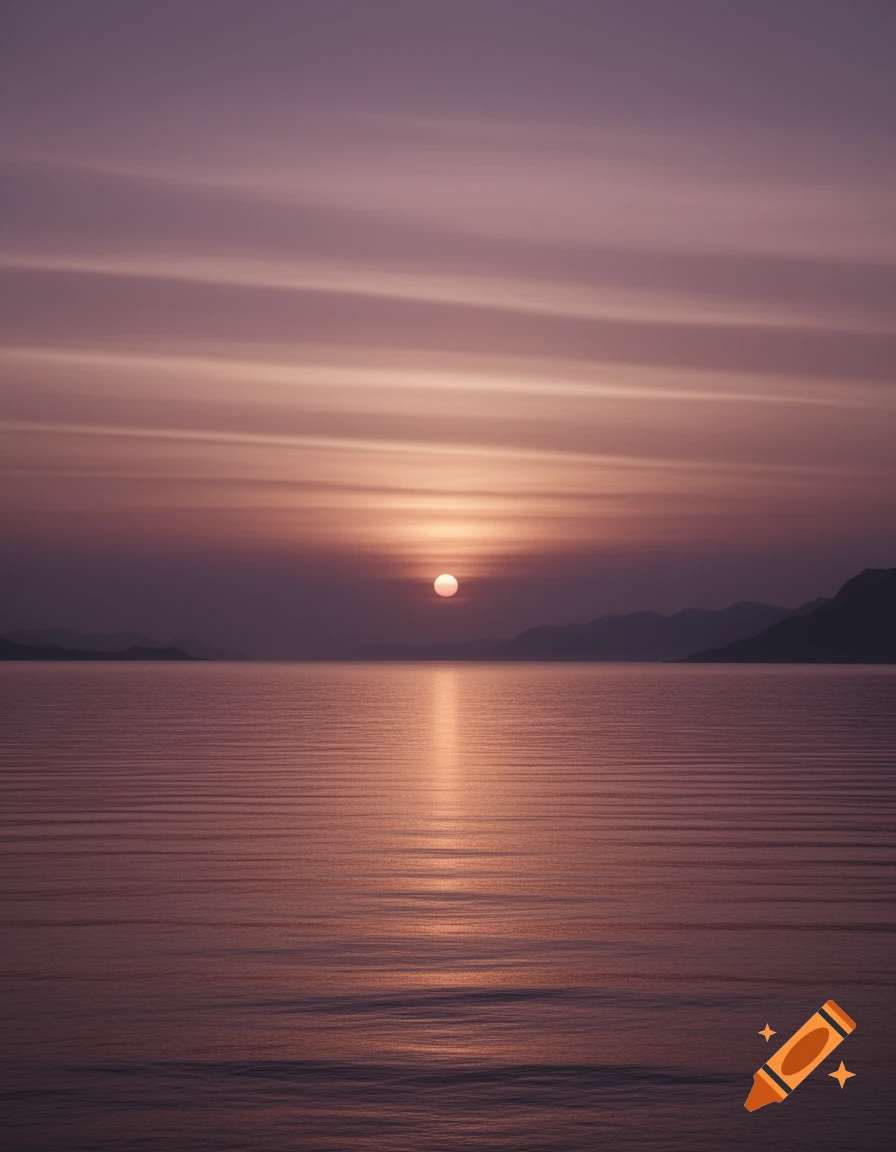 A serene pink and purple sunset over calm water with the sun reflecting on the surface and dark mountains in the distance.
