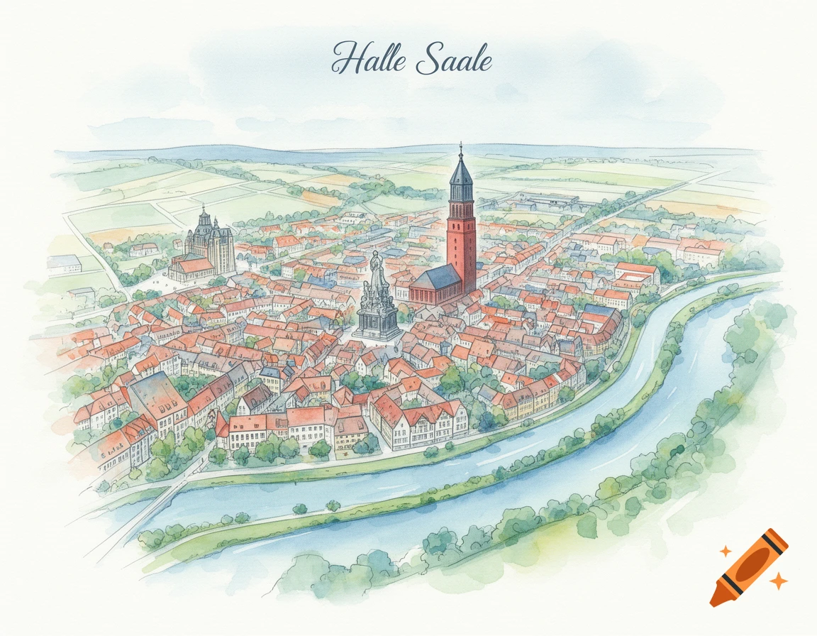 Watercolor illustration of the city of Halle Saale, Germany, depicting an aerial view of red-roofed buildings, a prominent church tower, a winding river, and surrounding green fields.