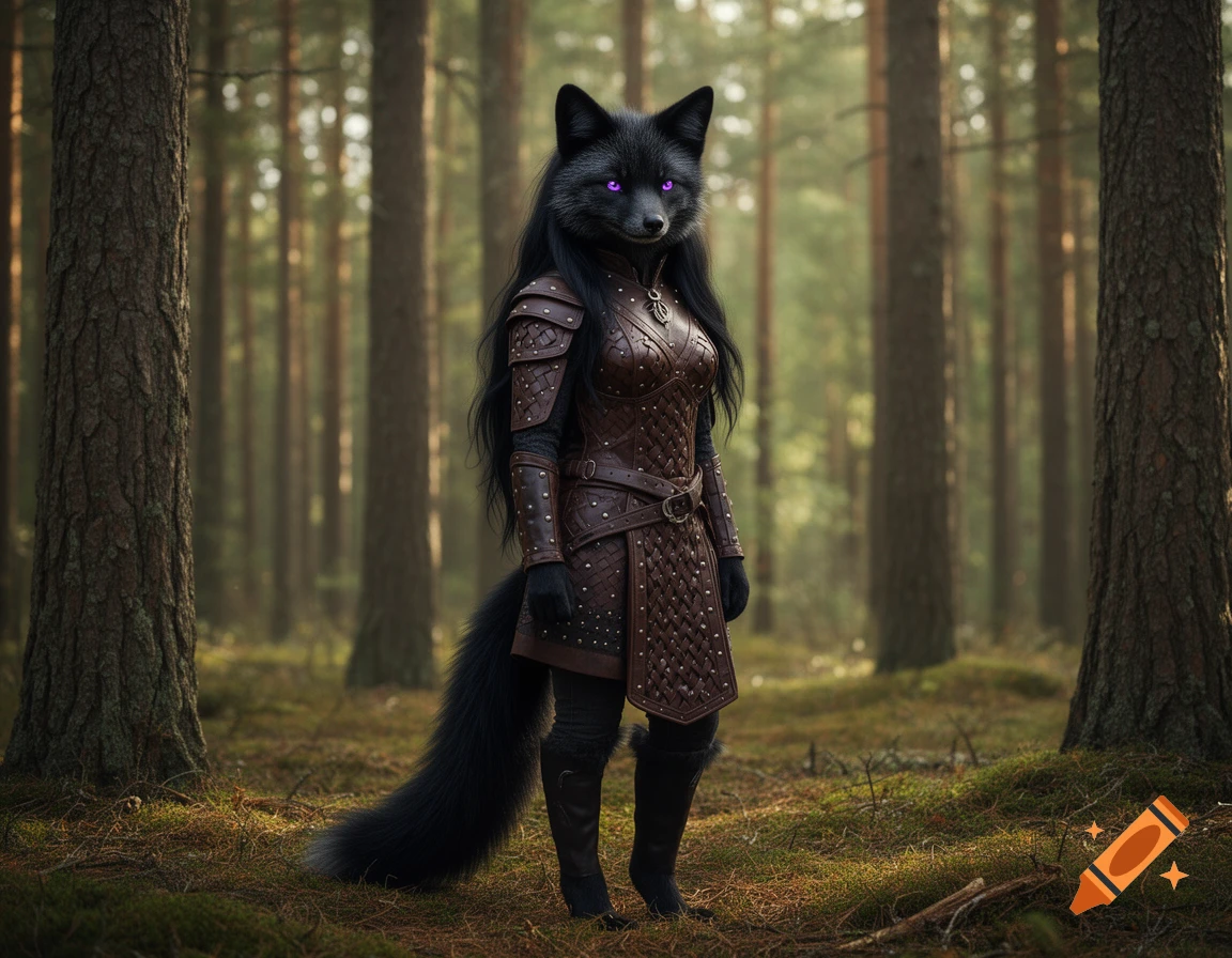 An anthropomorphic black fox with long black hair and purple eyes wears brown leather warrior clothes in a photorealistic taiga pine forest.