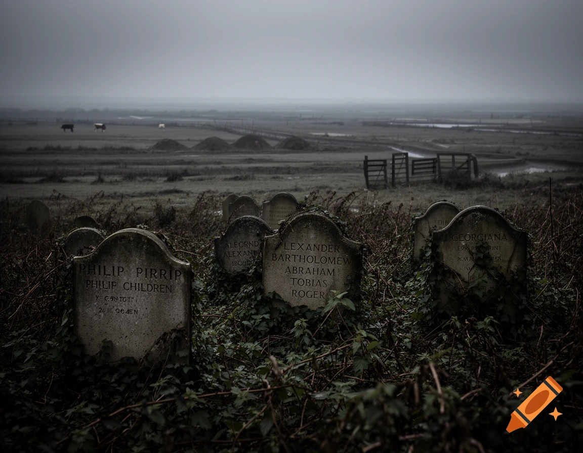 A foggy, somber graveyard with old, weathered tombstones overgrown with ivy in the foreground, and a bleak, flat landscape with distant cows and fences under a grey sky.