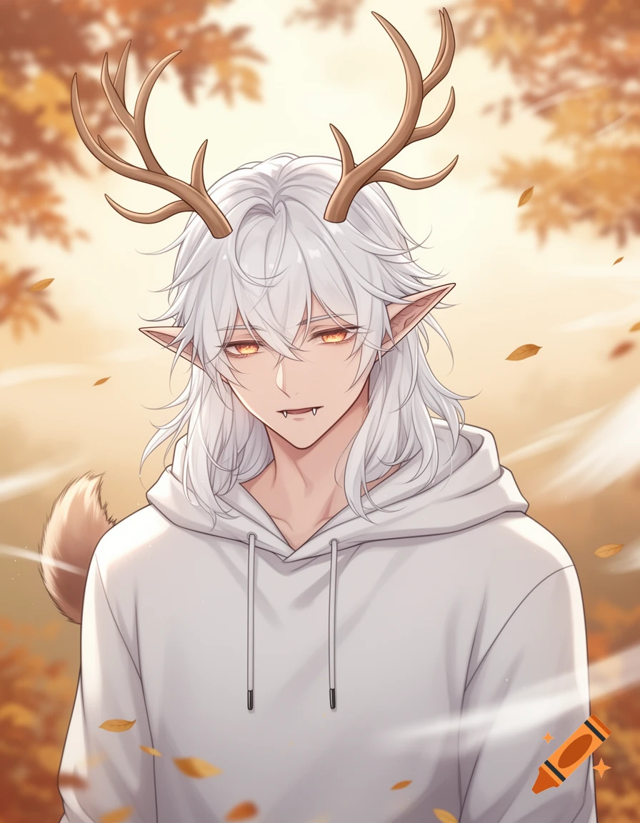 Anime male character with white hair, elf ears, antlers, fangs, and tail, wearing a white hoodie in an autumn forest.