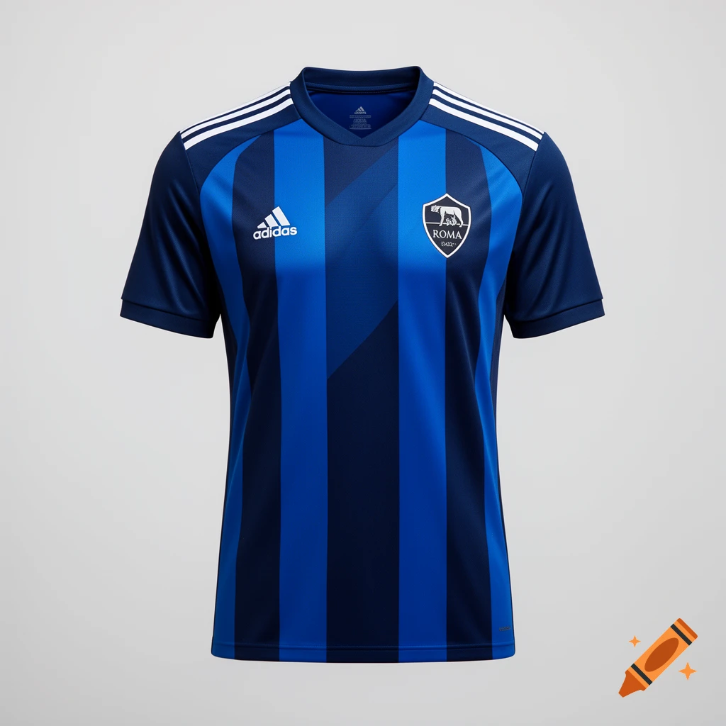 A blue and dark blue striped football jersey with white Adidas logo and a white team crest featuring a wolf and 'ROMA 1927'.