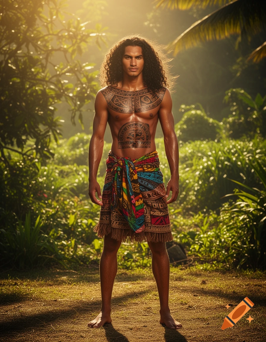 A man with long curly hair and tribal chest and stomach tattoos, wearing a colorful patterned sarong, stands in a sunlit jungle.