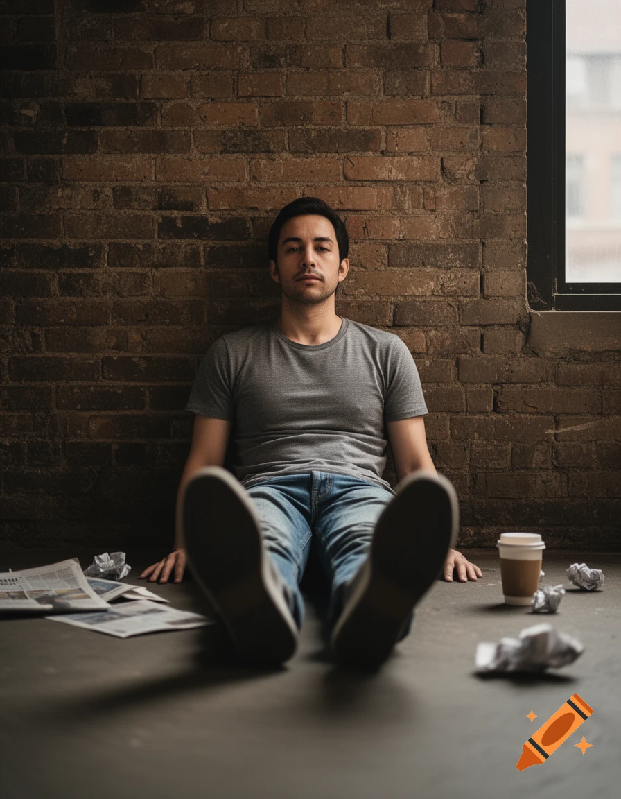 Photorealistic portrait of a man sitting on a floor against a brick wall, surrounded by crumpled papers and a coffee cup.