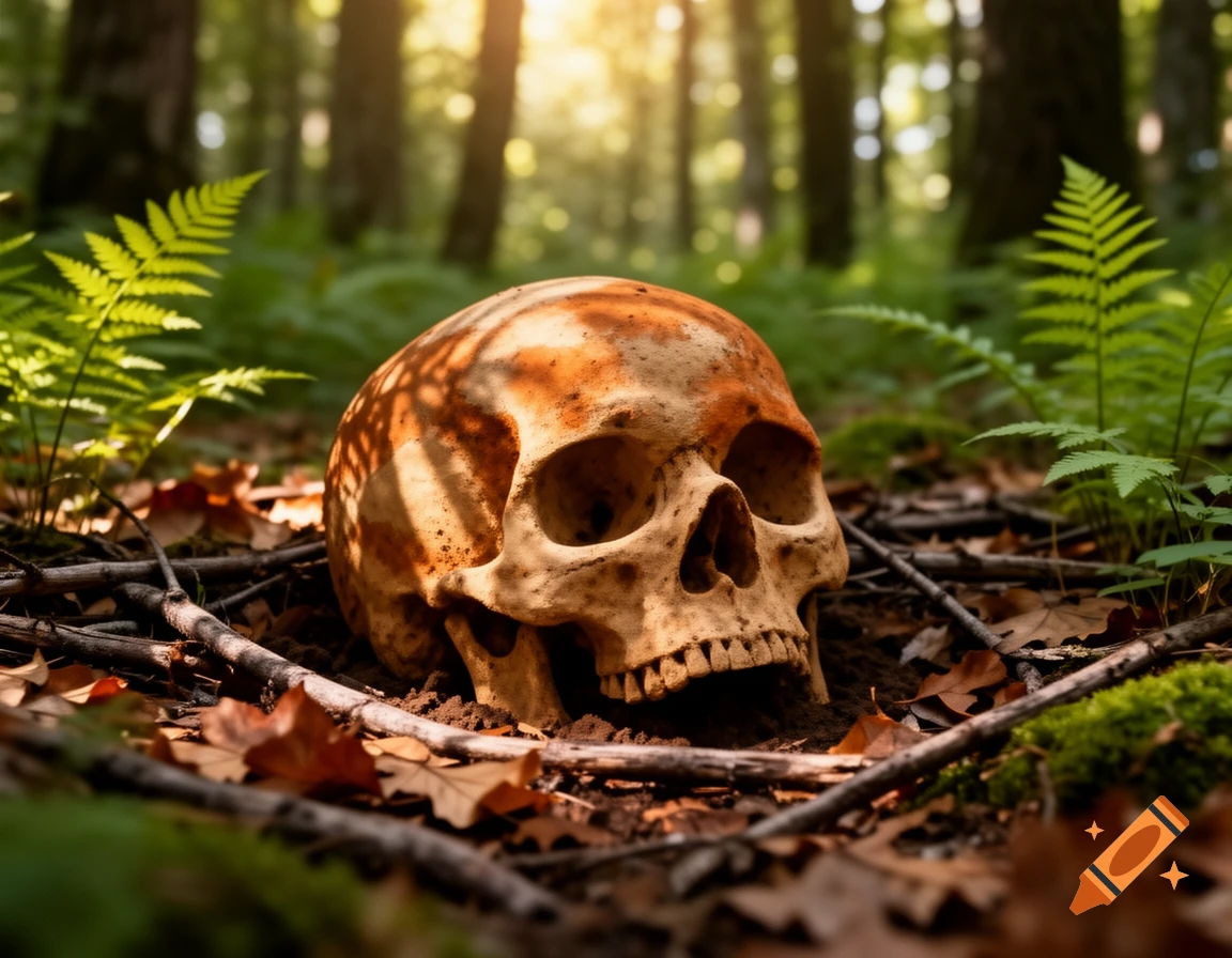 A close-up, photorealistic shot of a human skull half-buried in the leaf-covered ground of a sunlit forest.