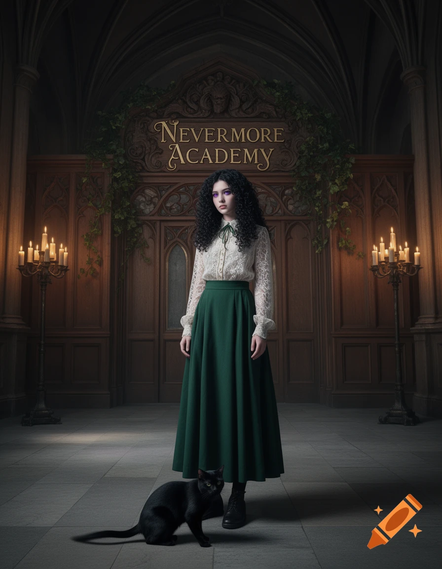 A woman with black curly hair and purple eyes stands in a gothic hall with a black cat. 'NEVERMORE ACADEMY' sign above a door.
