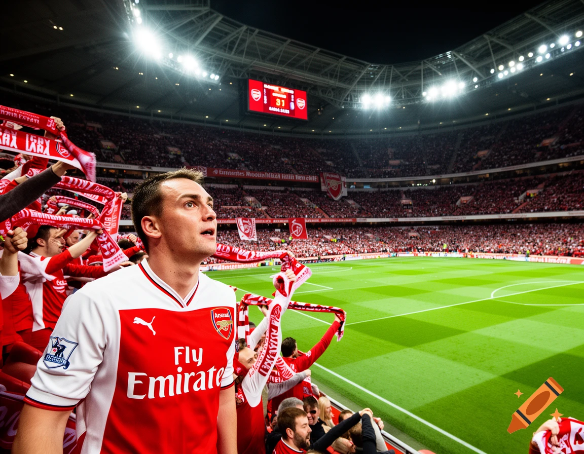 A male Arsenal fan in a jersey looks up at a brightly lit soccer stadium packed with red-clad fans, with a scoreboard in the background.