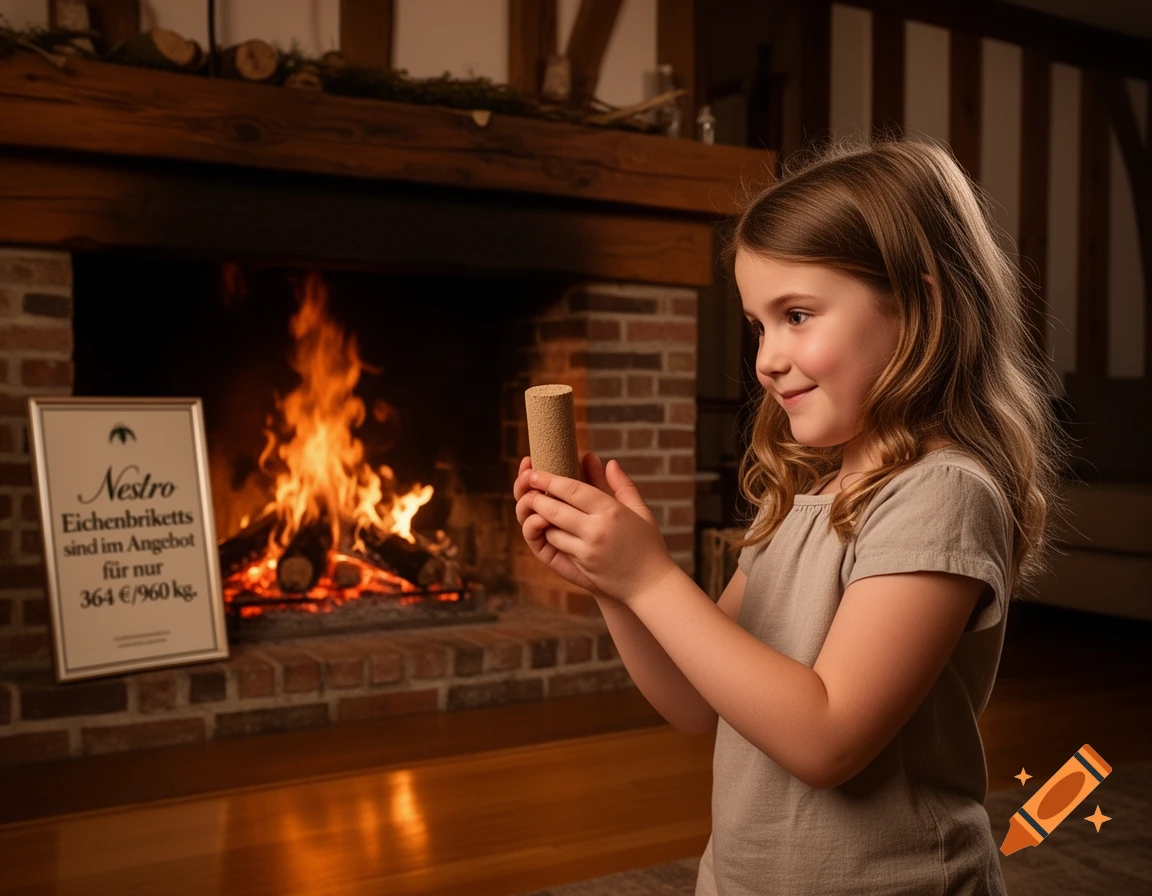 A young girl holds a briquette in front of a burning brick fireplace, an advertisement sign visible nearby.