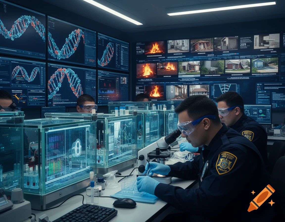 Police officers in protective glasses and gloves conduct advanced DNA forensics analysis in a high-tech lab, with screens displaying DNA sequences and crime scene investigations like house fires.