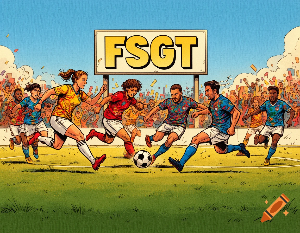 Comic art of male and female soccer players in action on a field with a crowd and 'FSGT' sign.