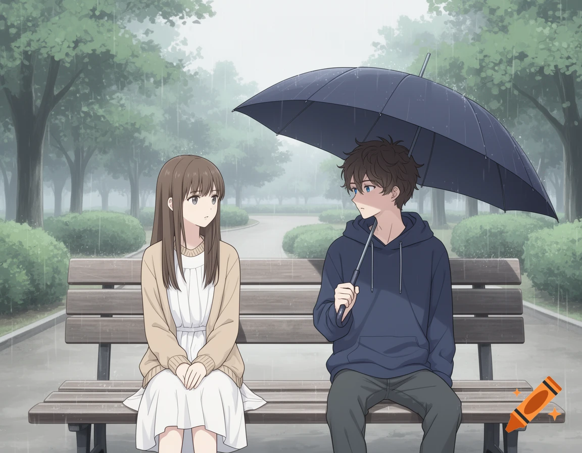Anime style illustration of a boy with an umbrella and a girl sitting separately on a park bench in the rain.