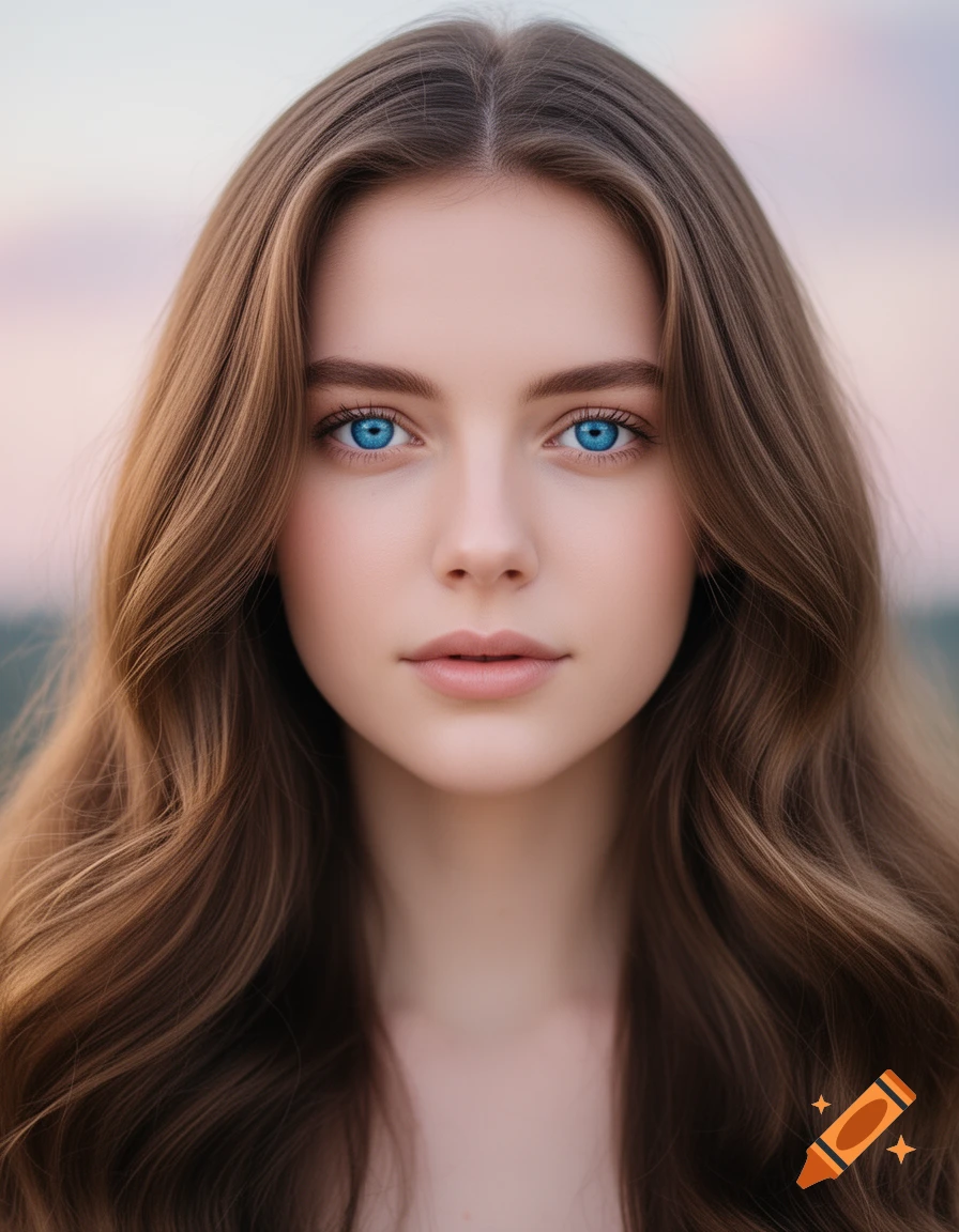 Photorealistic portrait of a young woman with fair skin, long wavy brown hair, and striking blue eyes, looking directly ahead.