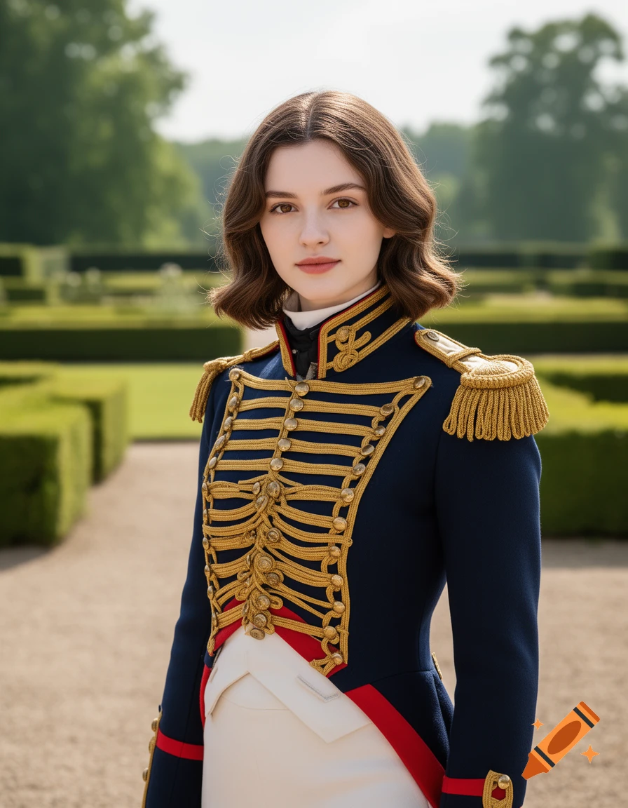 A young woman with brown wavy hair in a detailed Napoleonic French Infantry Officer's uniform in a garden.