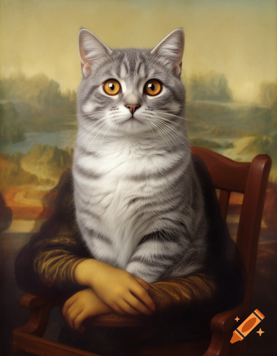 A detailed portrait of a gray tabby cat with the body and pose of the Mona Lisa, against a classic landscape painting background.