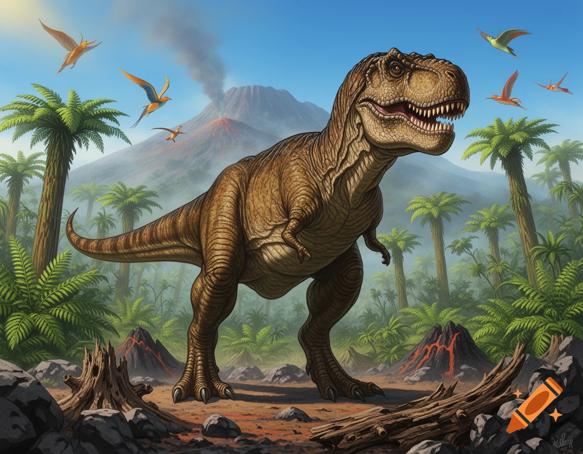A detailed illustration of a large brown Tyrannosaurus Rex standing in a lush prehistoric jungle with palm trees, volcanoes erupting in the background, and small pterodactyls flying in a blue sky.