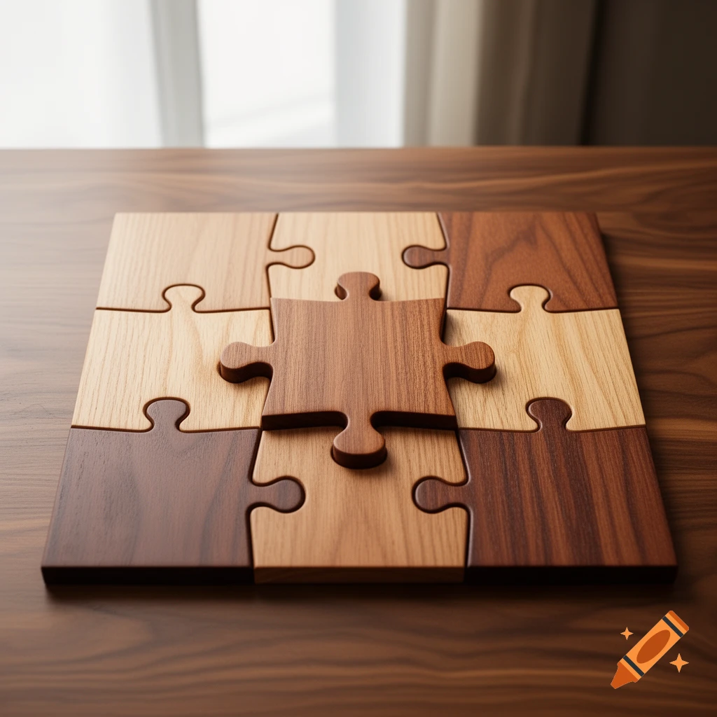 A wooden puzzle with a prominent dark central piece on a wooden table, with a blurred window in the background.